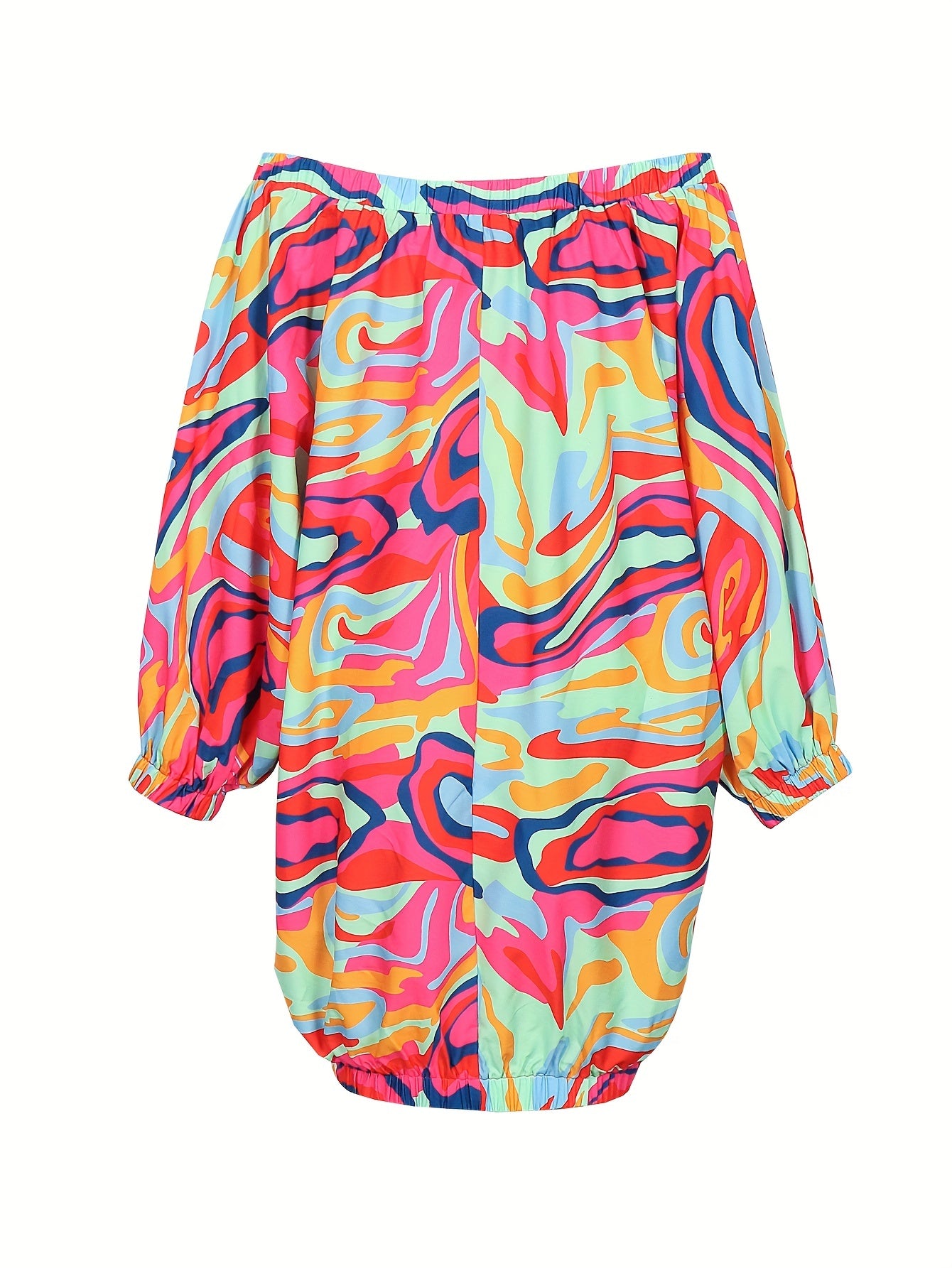 Abstract Print Lantern Sleeve Off Shoulder Dress
