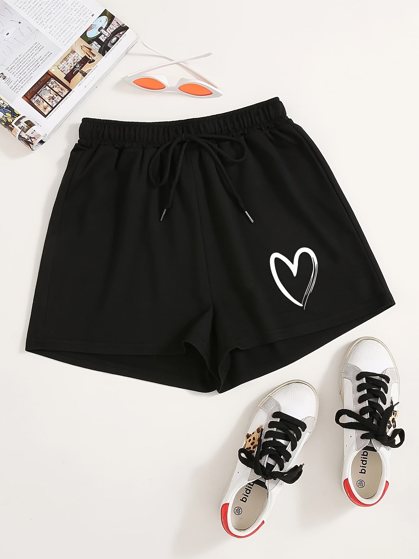 Heart Print Drawstring Shorts Y2K Sports High Waist Women's Clothing
