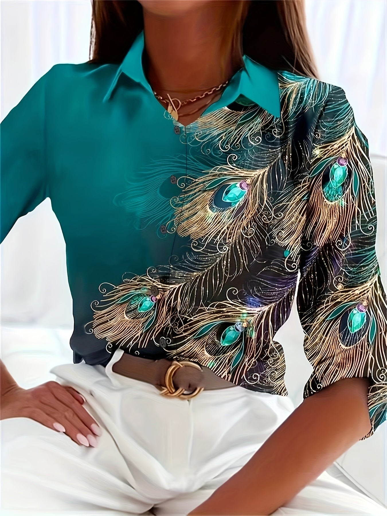  Feather Print Button Up Long Sleeve Blouse