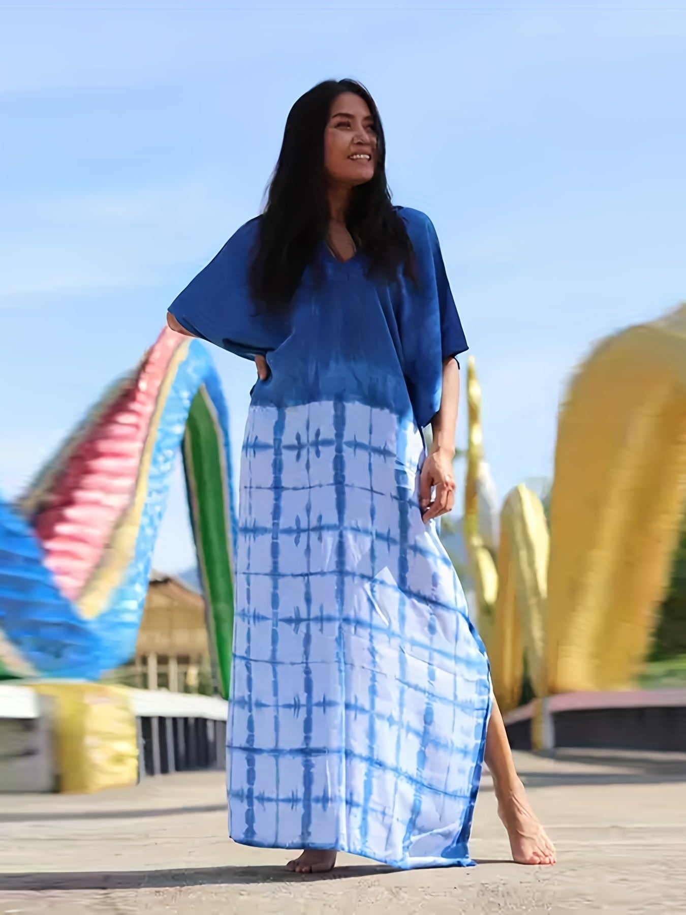  Colorblock Tie Dye Print V Neck Cover Up Dress