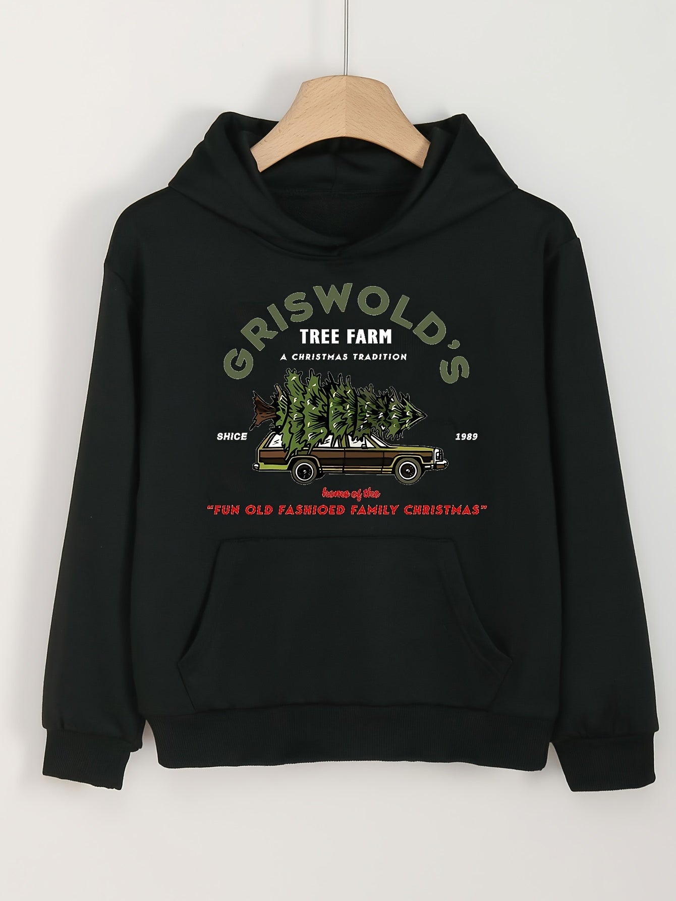 Girls Cartoon Christmas Tree On Car Pattern Long Sleeve Hooded Sweatshirt