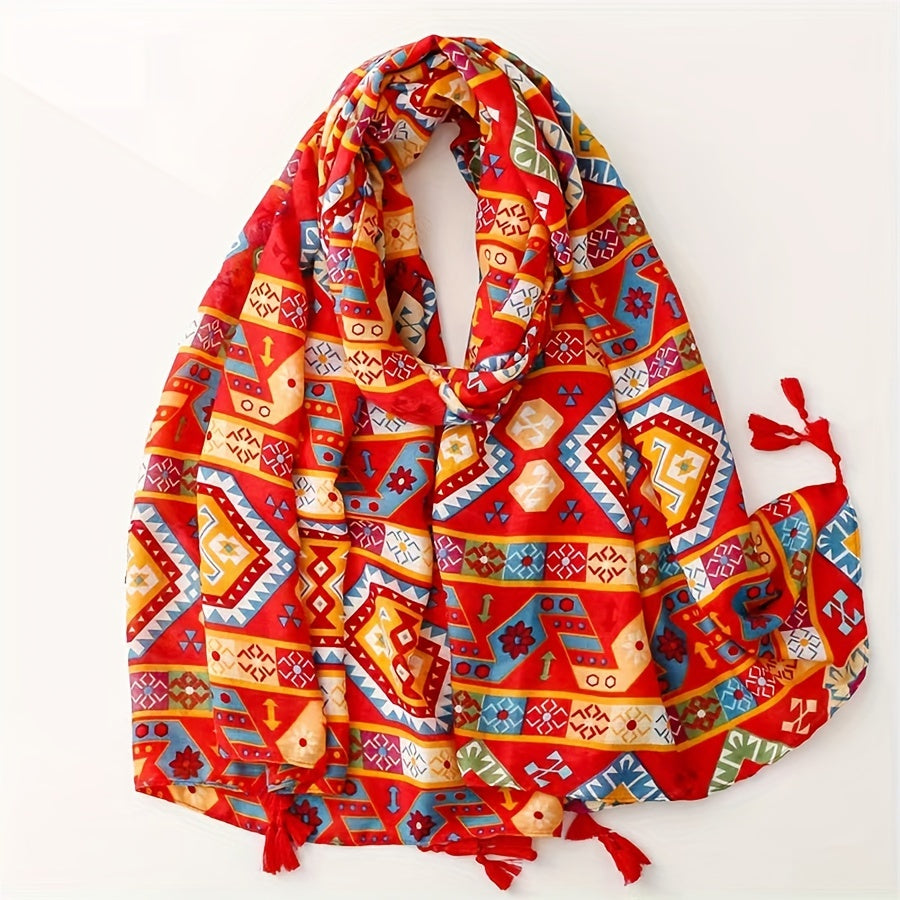 Red Geometric Print Tassel Scarf Boho Shawl Head Wrap Women