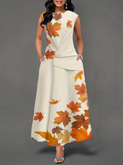  Maple Leaf Print Cap Sleeve Dress With Pockets