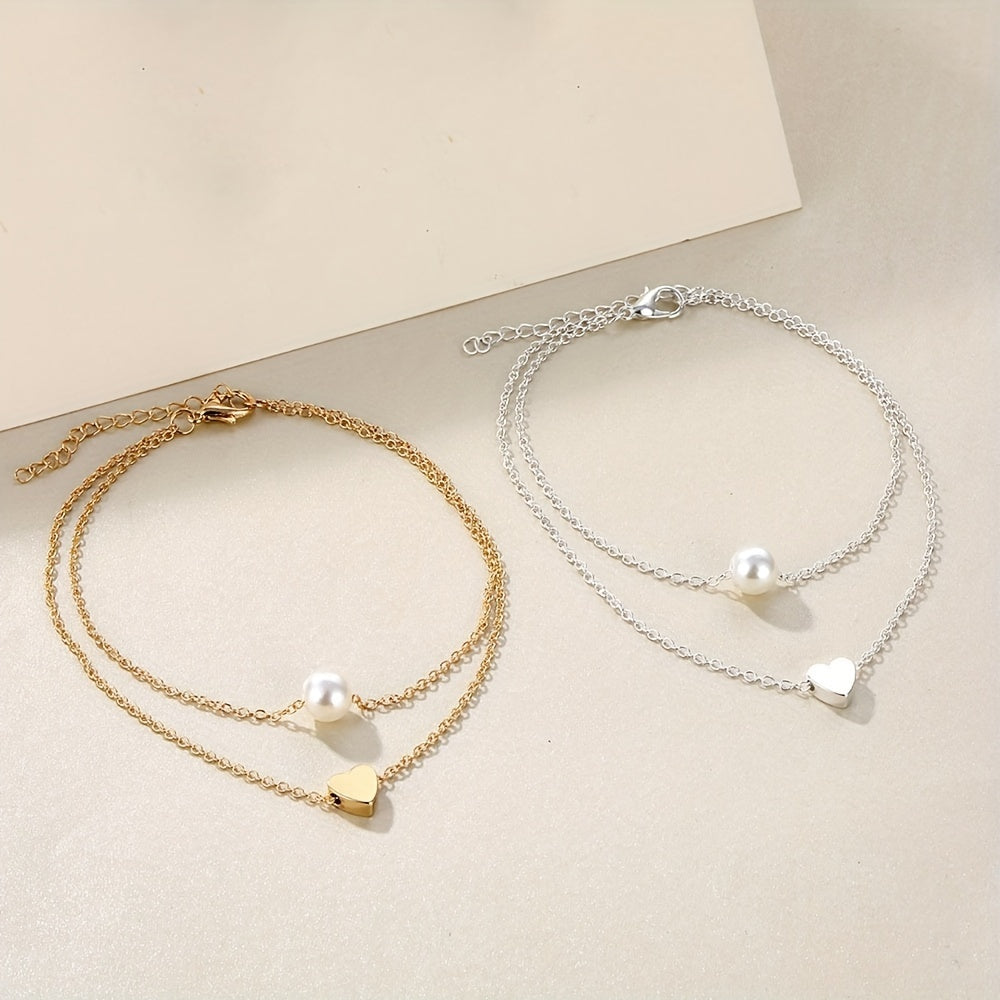 Heart Beads Chain Anklet Double Layered Faux Pearl Ankle Chain