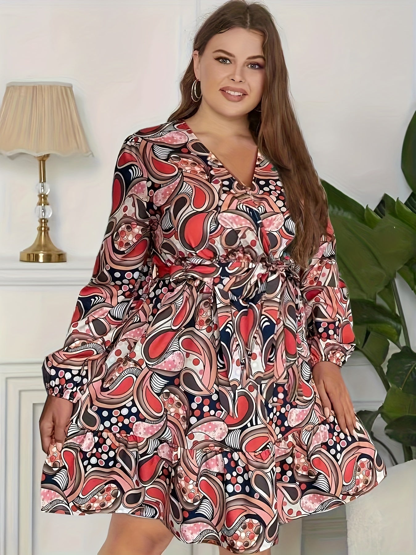  Boho Dress Paisley Print Lantern Sleeve Surplice Neck Dress