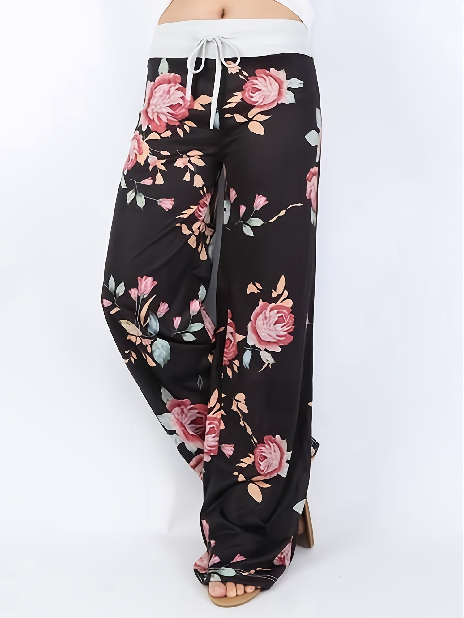 Floral Print High Rise Drawstring Long Pants Plus Size