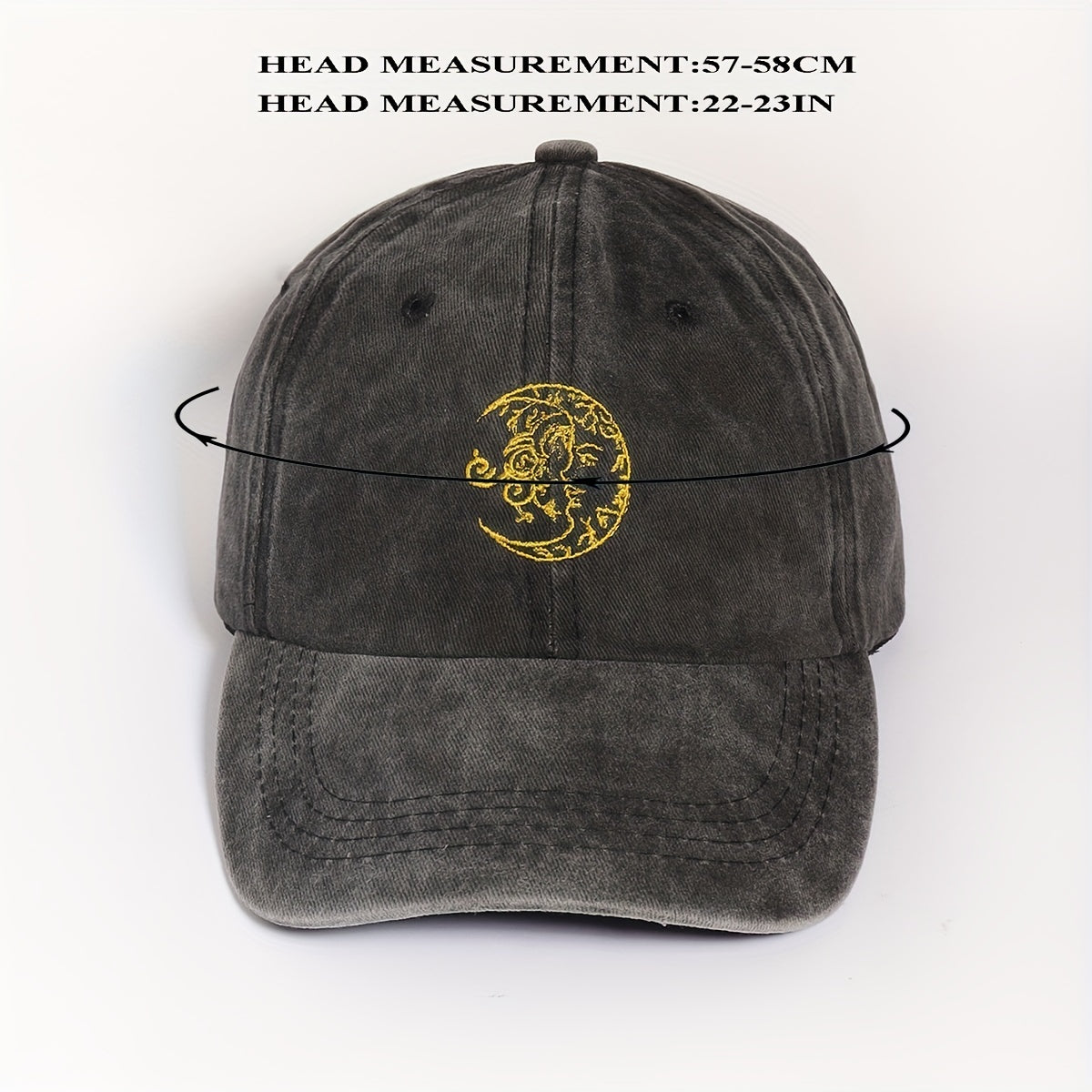 Vintage Moon Embroidery Baseball Cap Unisex Washed Gray Dad Hat
