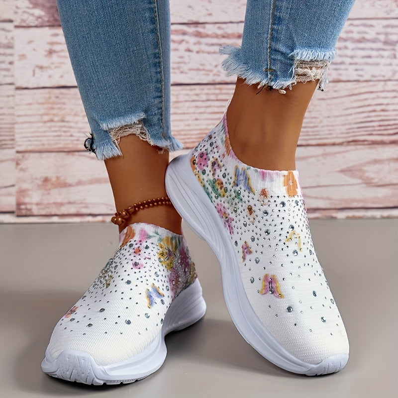 Women's Rhinestone Knit Sock Sneakers Casual Low Top Slip On Shoes