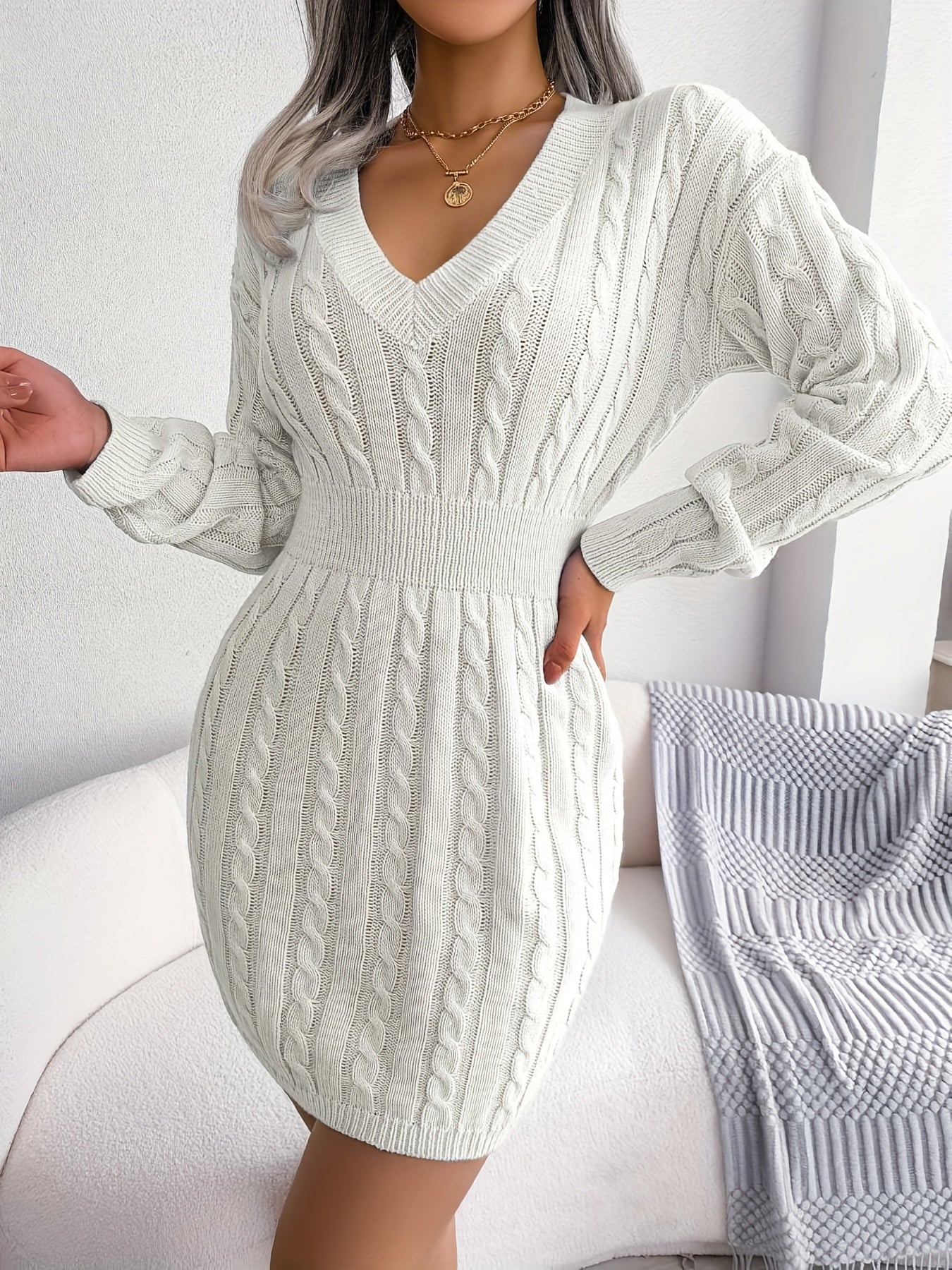  Solid Long Sleeve V Neck Bodycon Midi Sweater Dress