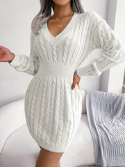  Solid Long Sleeve V Neck Bodycon Midi Sweater Dress