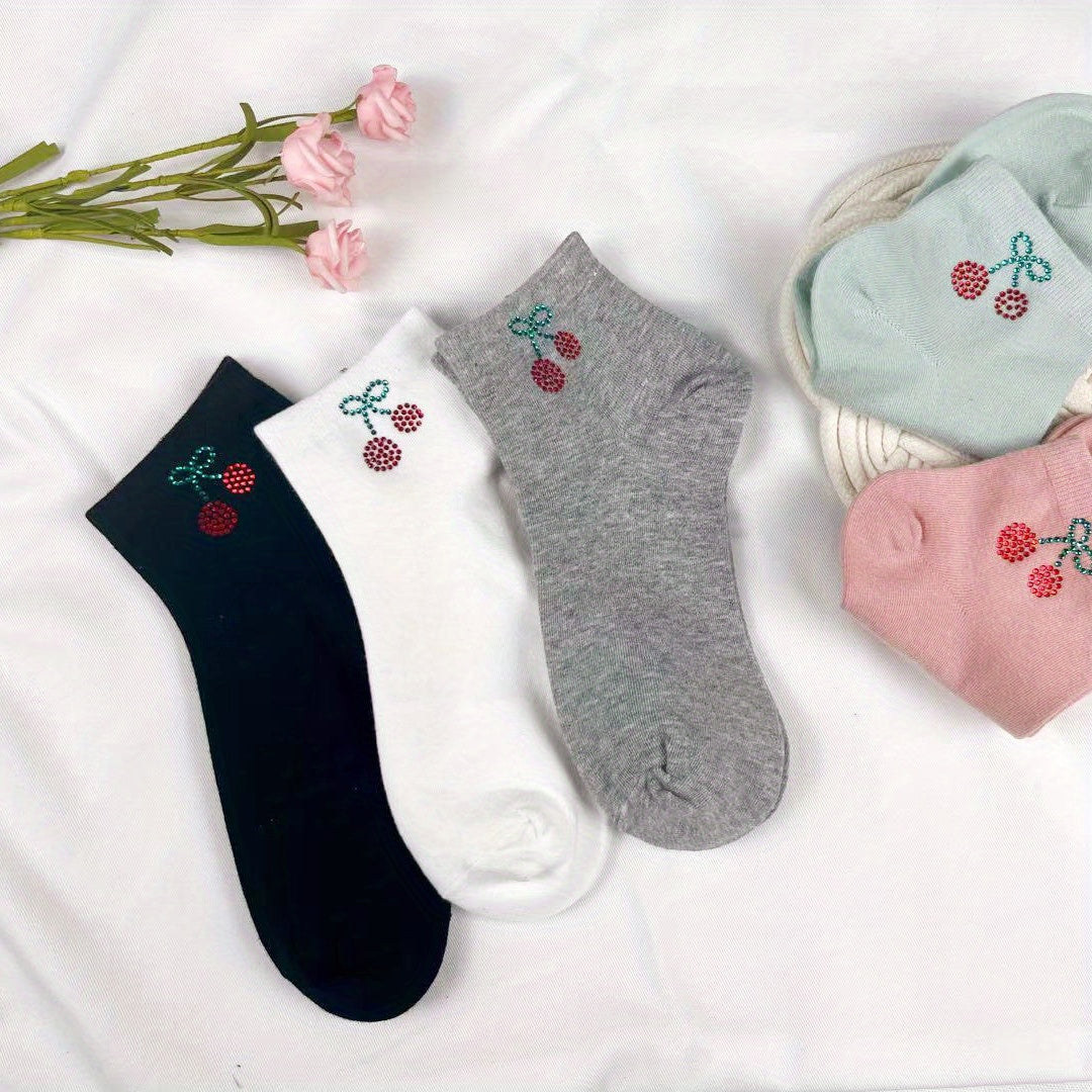 Cherry Rhinestone Crew Socks 5 Pairs Women's Stockings