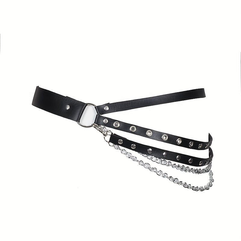 Punk Layered Chain Fringe Belt Hip Hop Rivet PU Leather Waistband