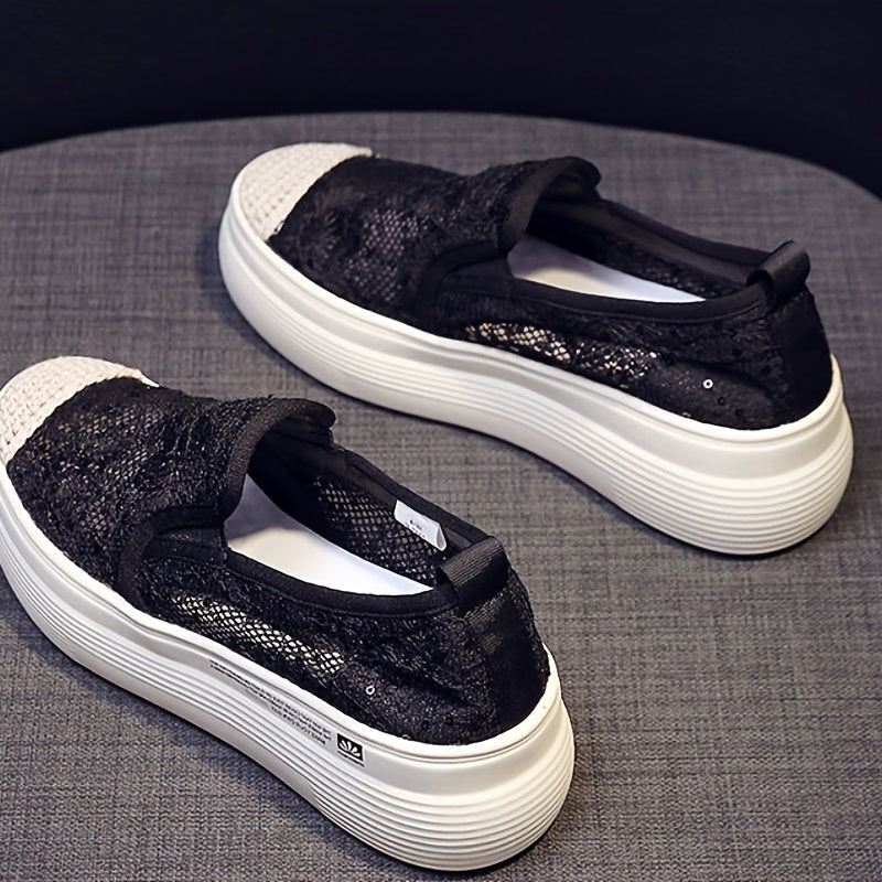 Women's Platform Lace Loafers Round Toe Hollow Out Slip On Shoes