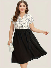  Colorblock Abstract Figure Print Midi Dress With Belt
