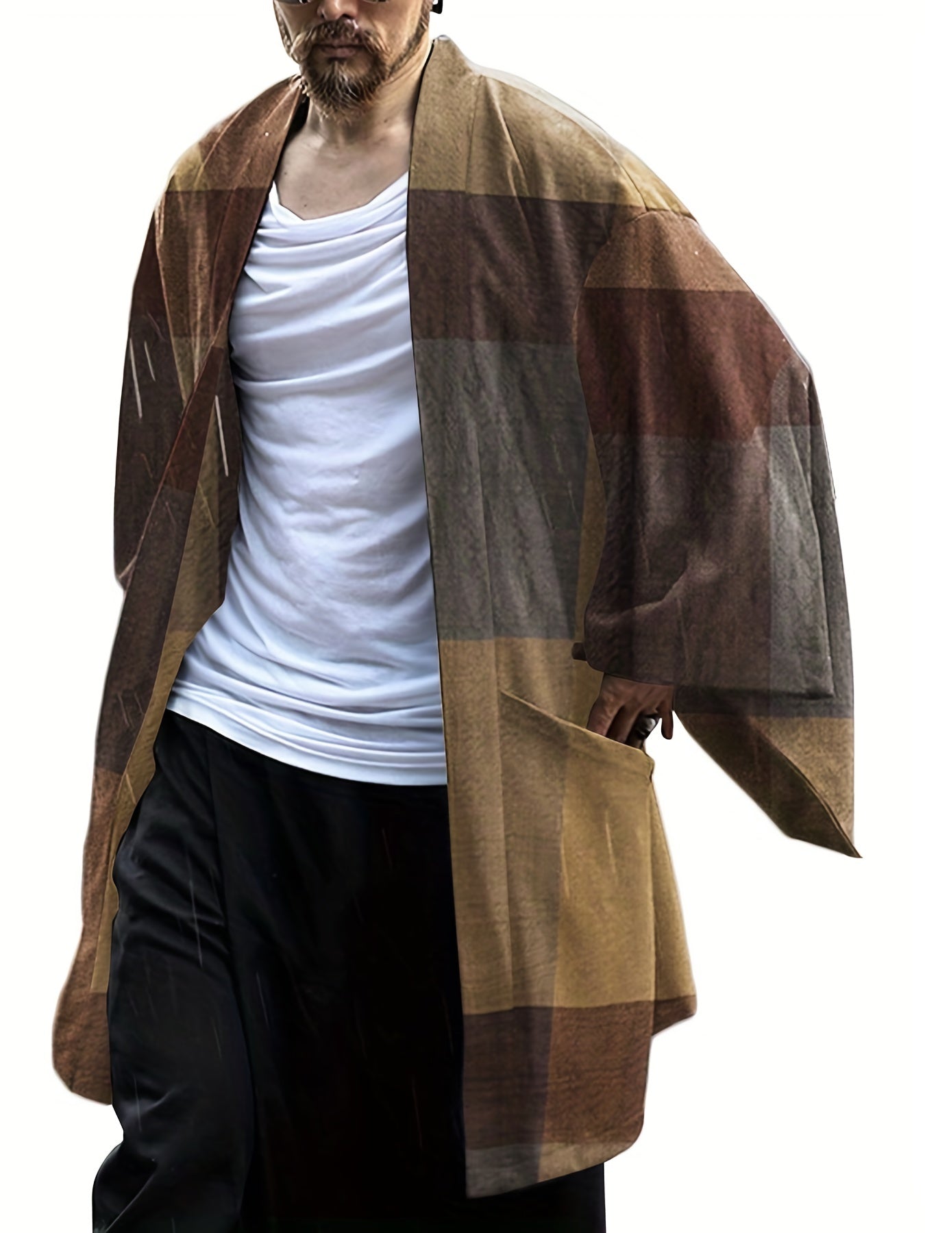 INCERUN Cotton Blend Kimono Plaid Men's Shirt Jackets V neck Casual