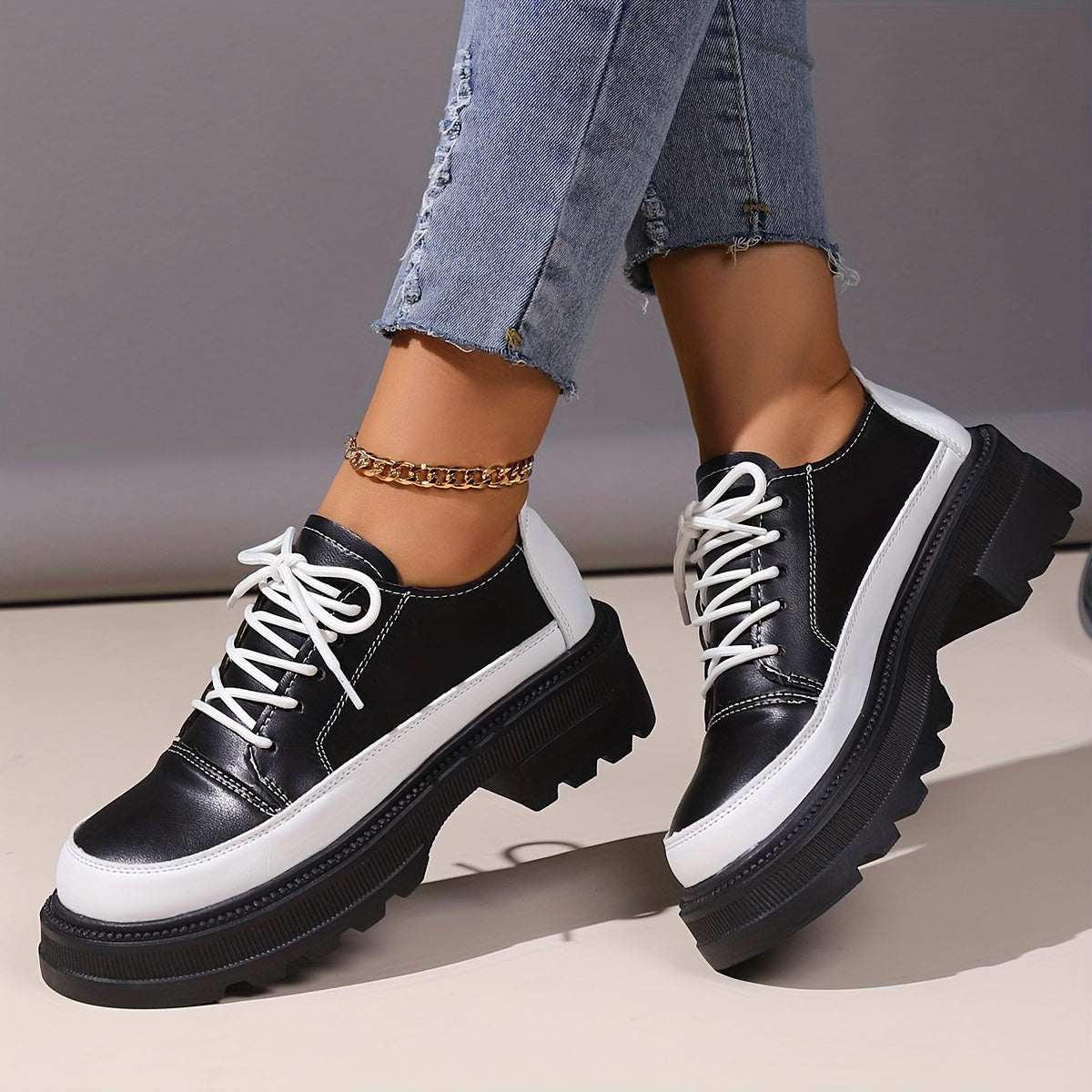 Colorblock Platform Sneakers Lace Up Loafers Low Top Shoes
