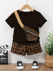 Boys Messenger Bag Print T Shirt & Geometry Print Shorts Set