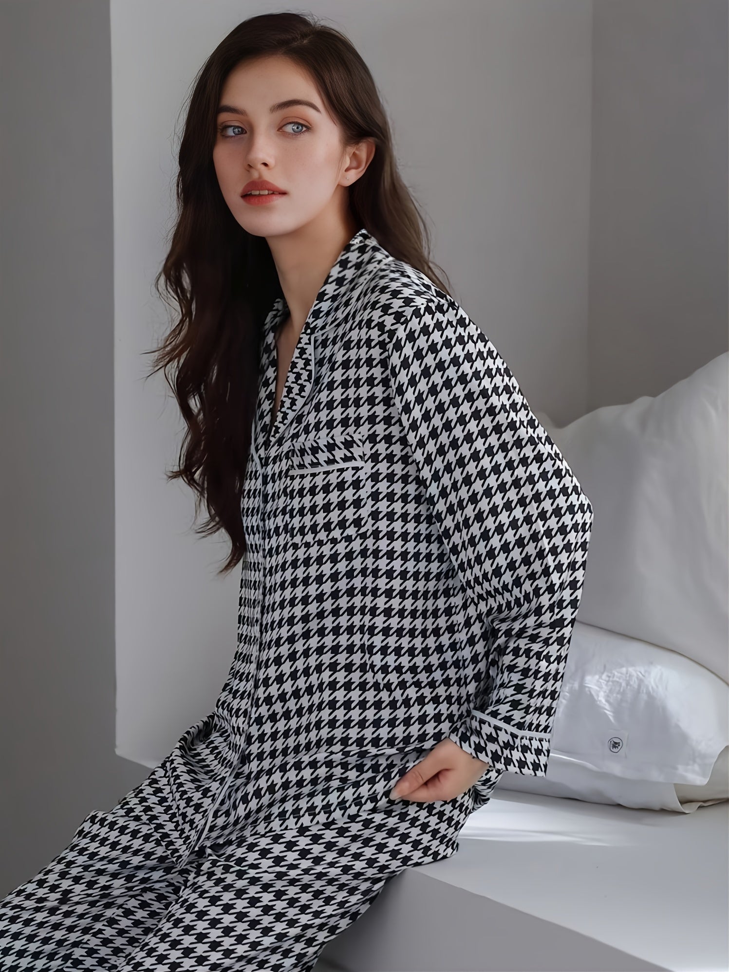 Classic Houndstooth Pajama Set Long Sleeve Shirt & Trousers