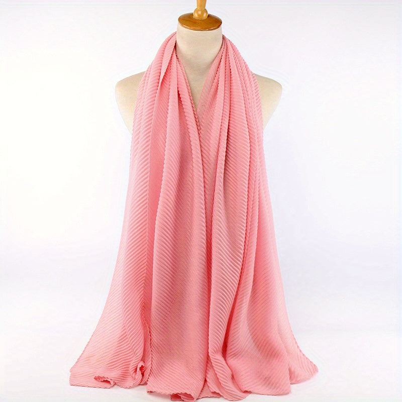 Solid Pleated Scarf Hijab Casual Shawl Soft Sunscreen Windproof Head Wrap Turban