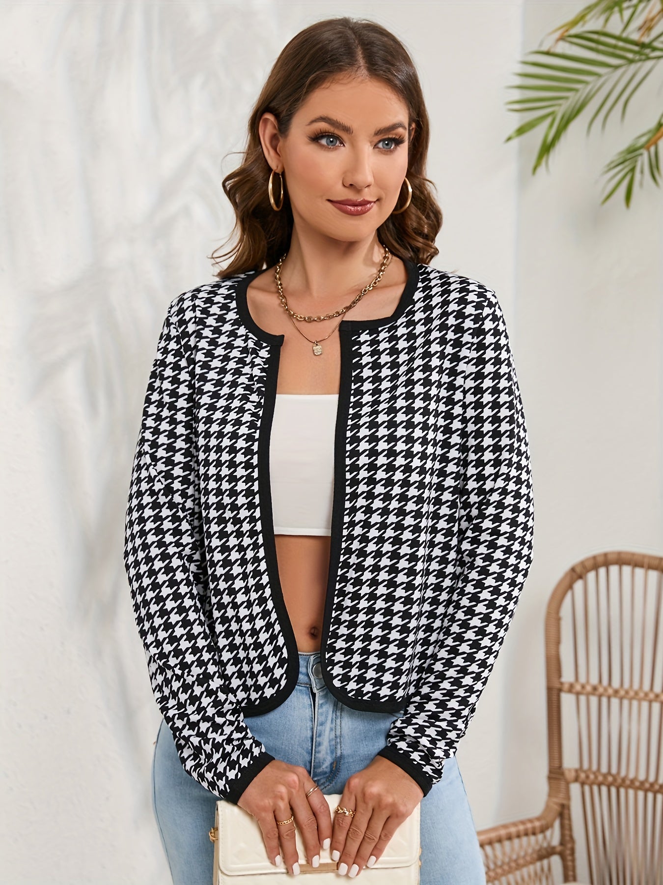 Houndstooth Print Jacket Crew Neck