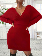  Solid Ribbed Surplice Neck Bat Sleeve Mini Dress