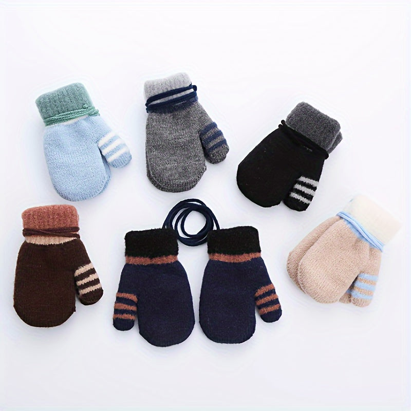 Kids Striped Knit Gloves Double Layer Warm Mittens