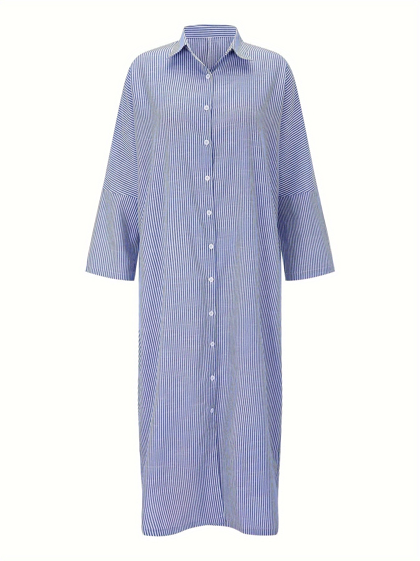  Stripe Print Button Up Long Sleeve Maxi Shirt Dress