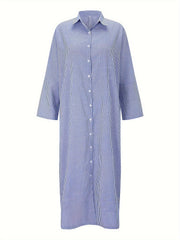  Stripe Print Button Up Long Sleeve Maxi Shirt Dress