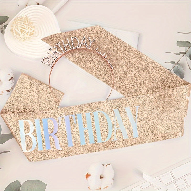 Glitter Rose Gold Birthday Sash and Crown Set