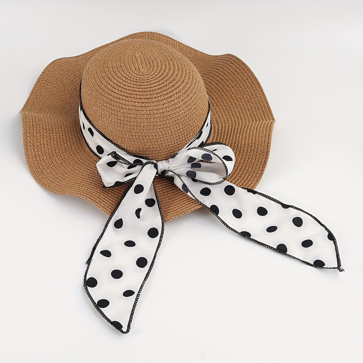 Dotted Ribbon Bowknot Sun Hat Ruffles Wide Brim Straw Bucket Hats