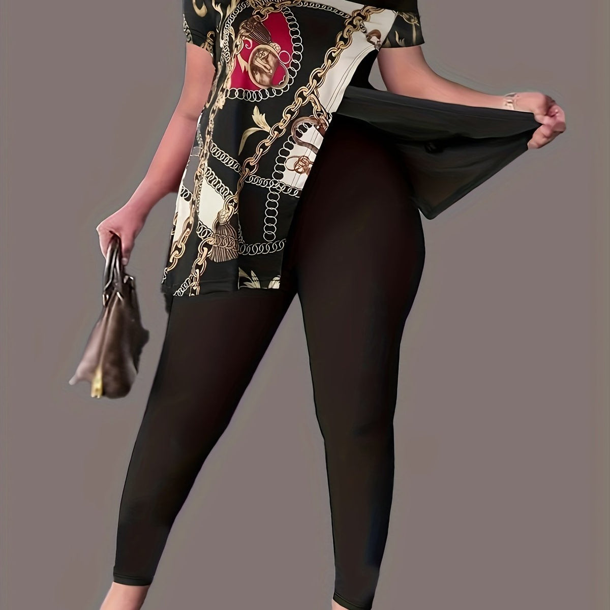 Plus Chain Print One Shoulder Top & Leggings Set