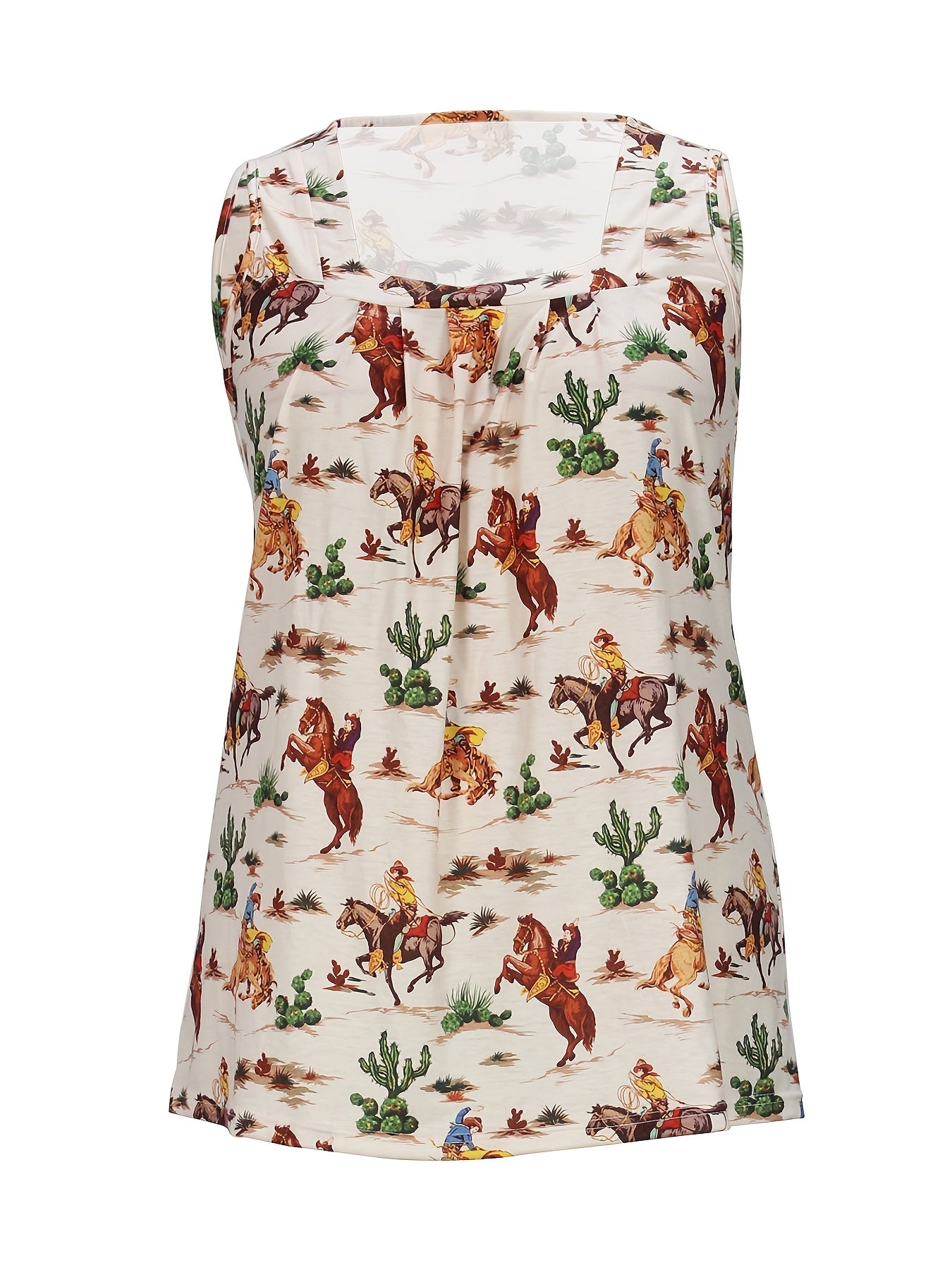  Western Style Tank Top Women's Plus Cowboy Print Square Neck