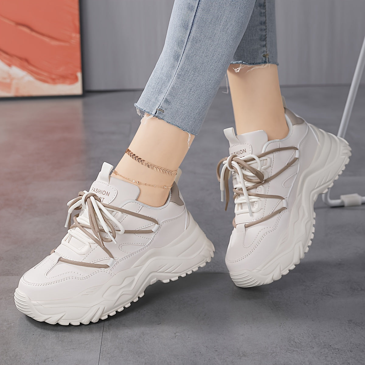 Women's Faux Leather Chunky Sneakers Casual Lightweight Running Shoes