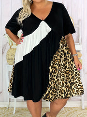  Casual Dress Colorblock Leopard Print V Neck Dress