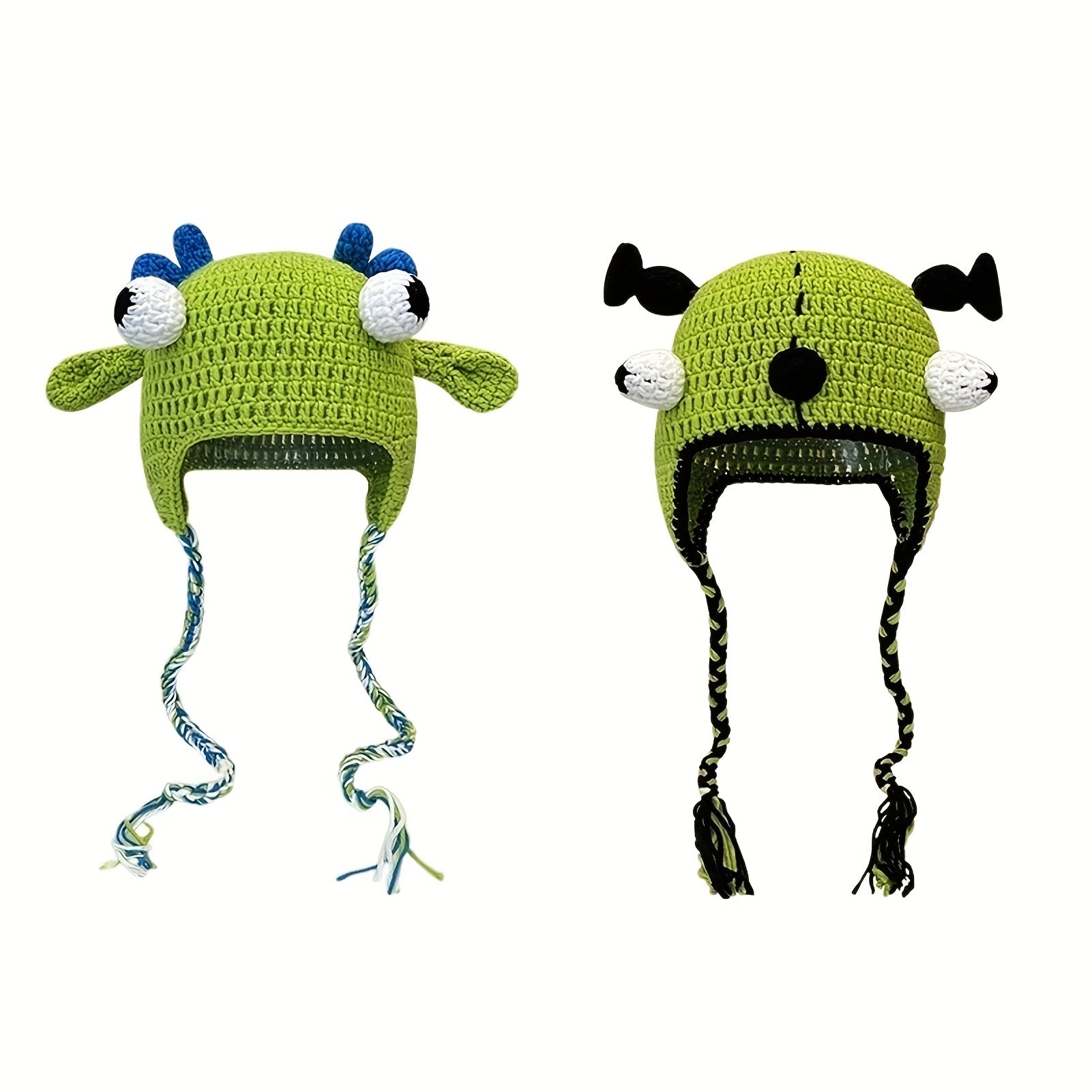 Green Devil Knit Hat Cartoon Beanie Long Braid Knitted Hoodie Birthday Gift