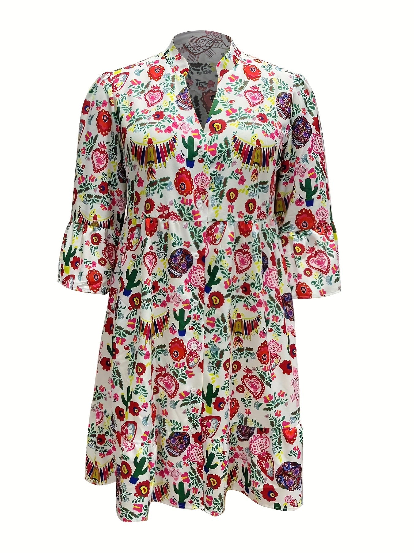  Graphic Print Long Sleeve Shirt Dress