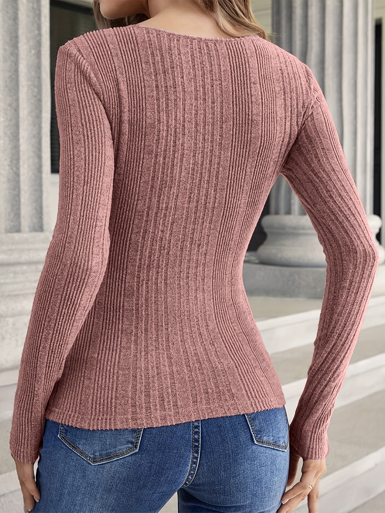  Solid Knit Top Women's Casual Half Button Long Sleeve