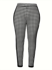  Houndstooth & Striped Print Leggings Medium Stretch Slim Fit