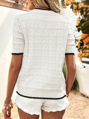 Eyelet Textured Knit Sweater Crew Neck Half Sleeve Spring Fall