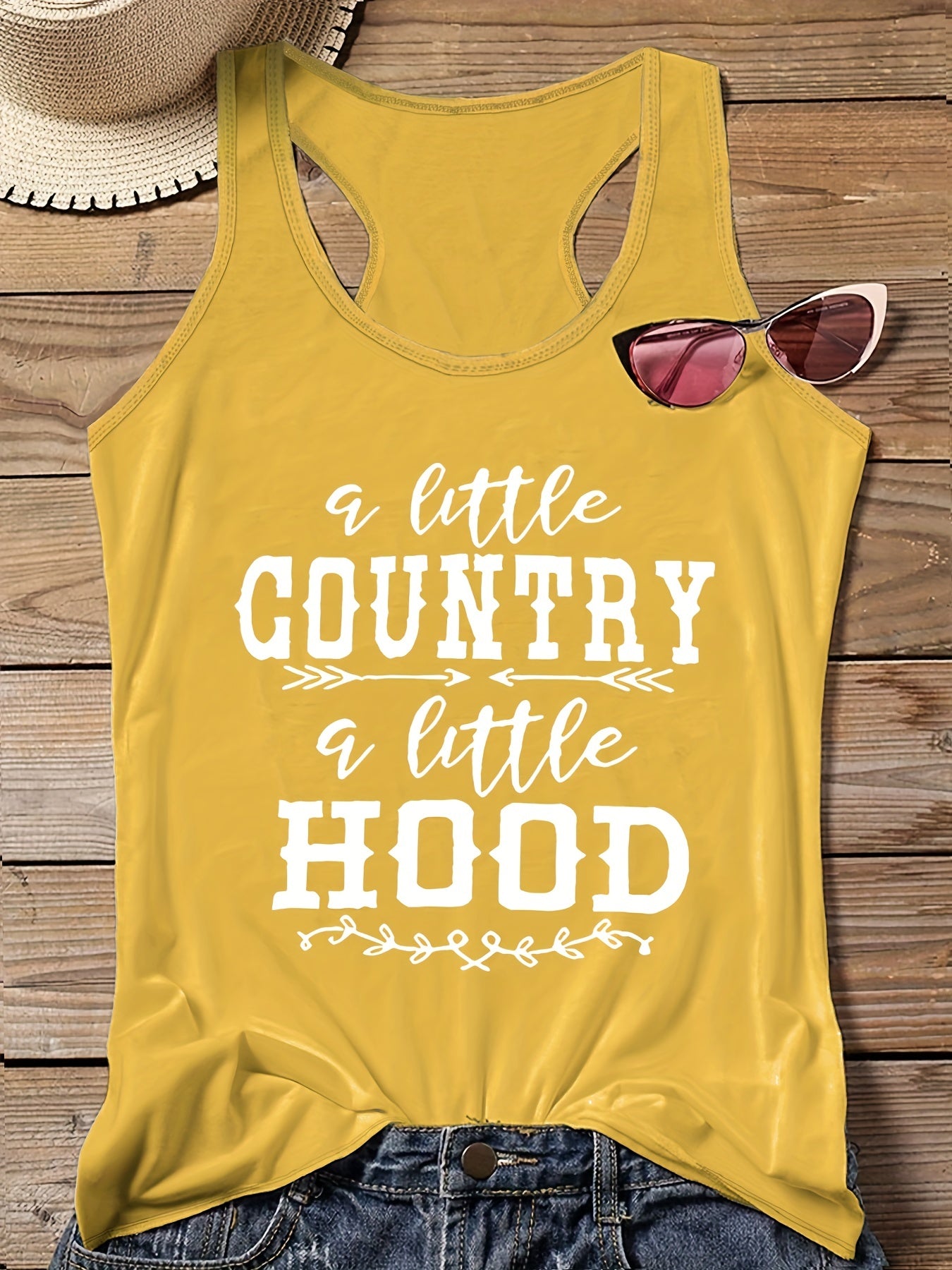  Art Letter Print Tank Top Round Neck Stretch Vest