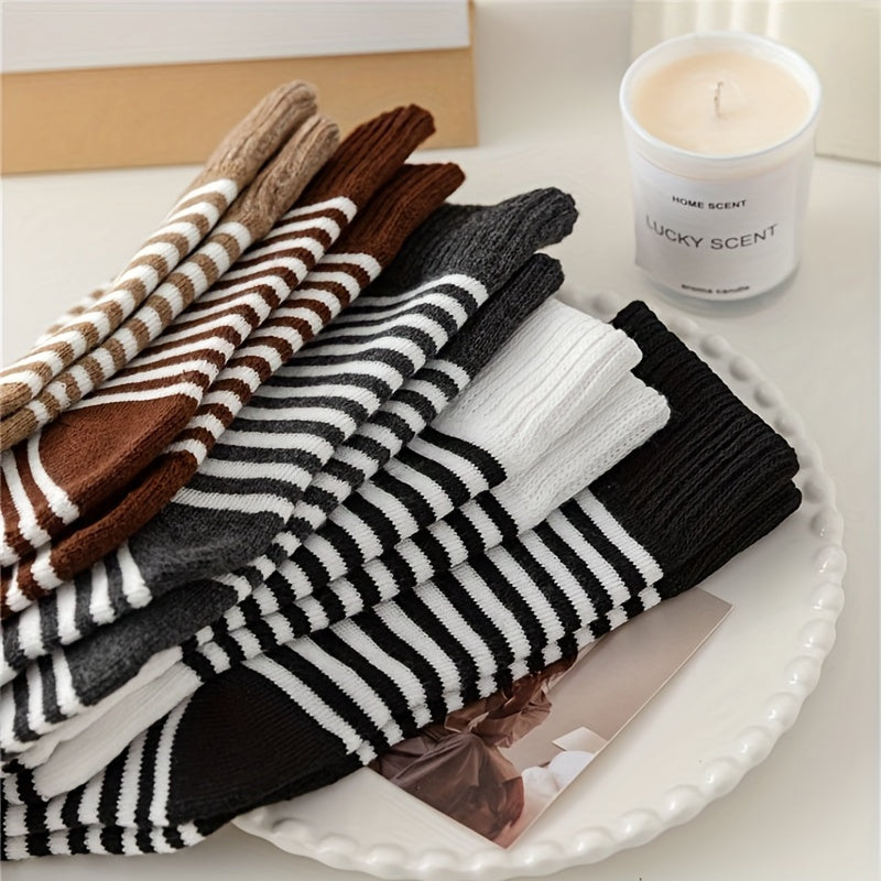 5 Pairs Stripe Print Thickened Mid Tube Socks for Women