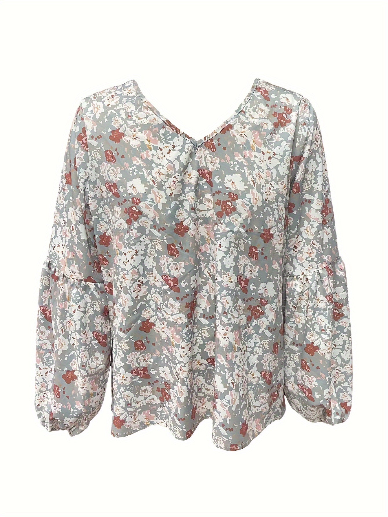  Boho Blouse Floral Print Lantern Sleeve V Neck Stretch Top