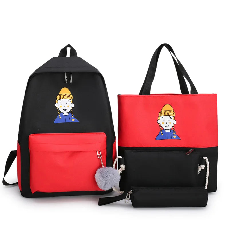 4Pcs Women School Patchwork Backpacks Girls Student Book Bag Boys Bolsas Sac