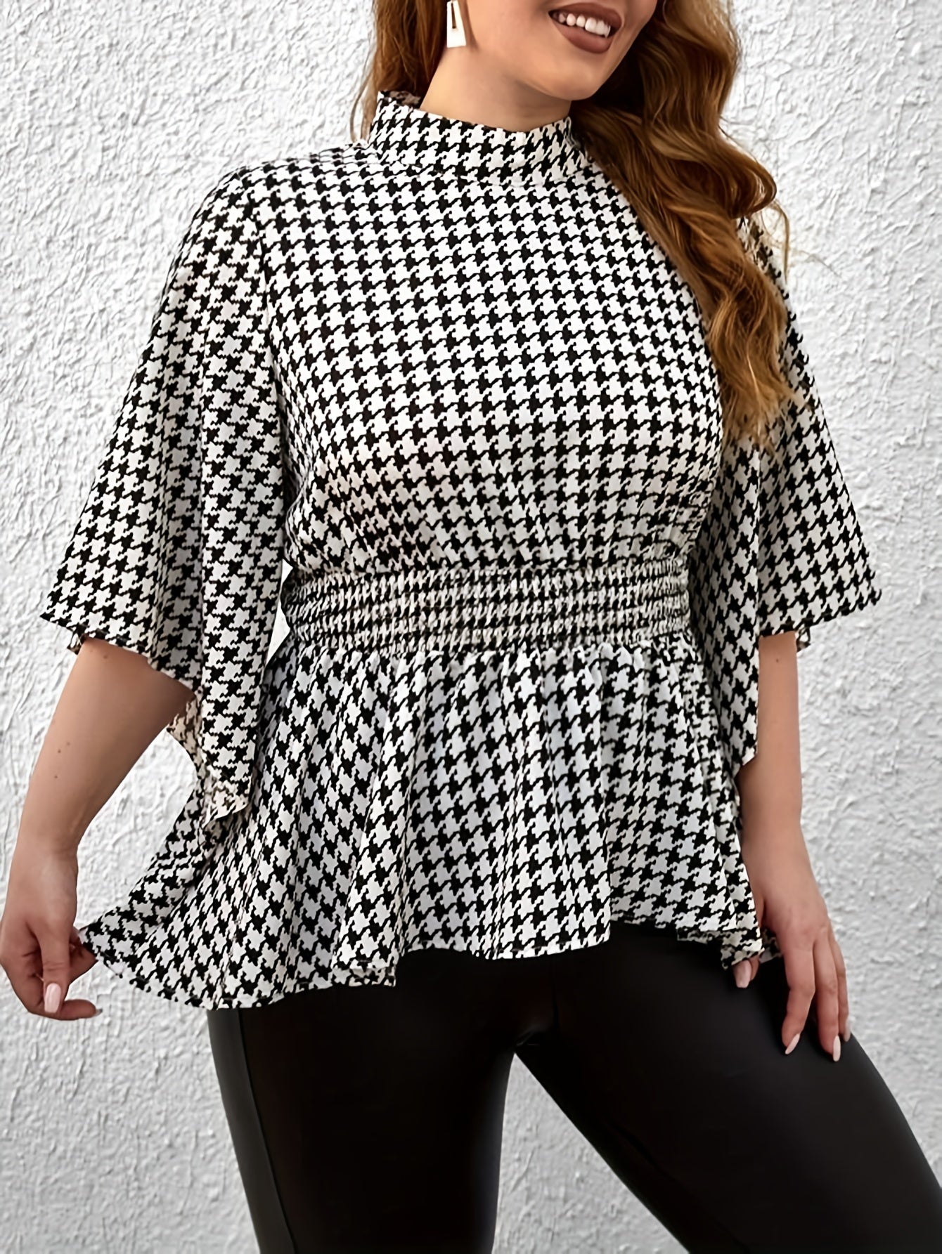  Houndstooth Print Nipped Waist Peplum Top