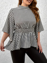  Houndstooth Print Nipped Waist Peplum Top