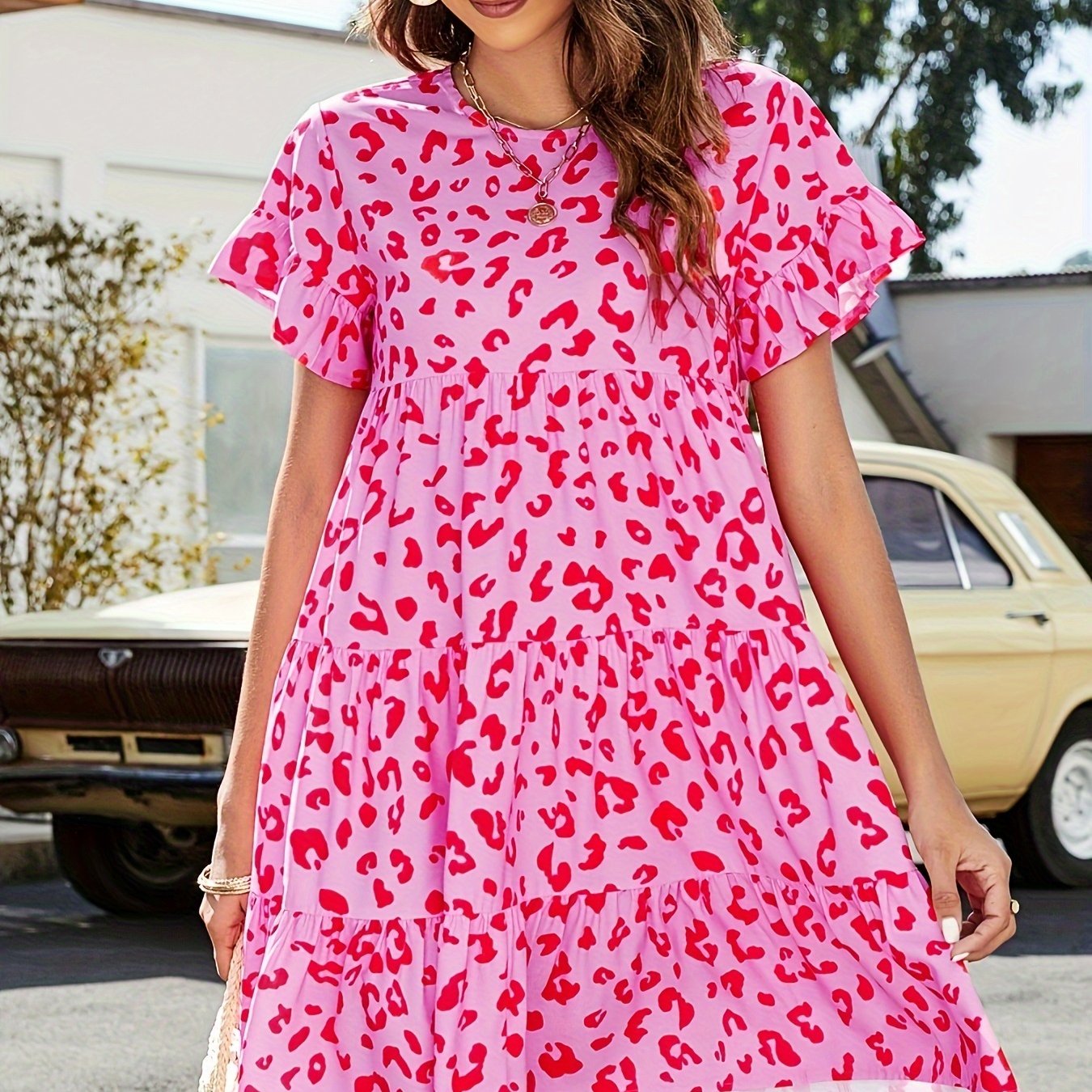  Leopard Print Round Neck Smock Dress