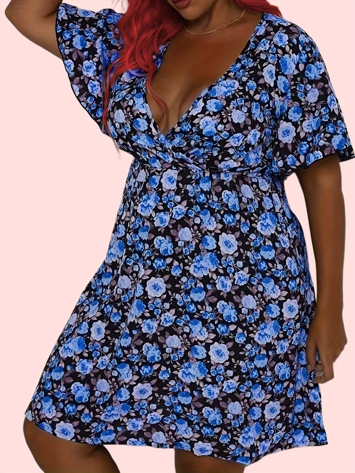  Rose Print Short Sleeve V Neck Dress