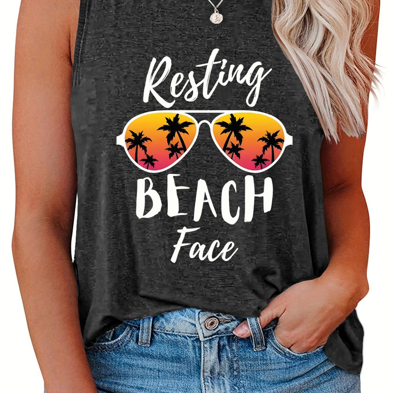  Women's Tank Top Letter & Sunglasses Print Round Neck