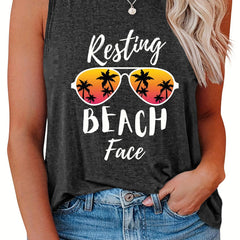  Women's Tank Top Letter & Sunglasses Print Round Neck