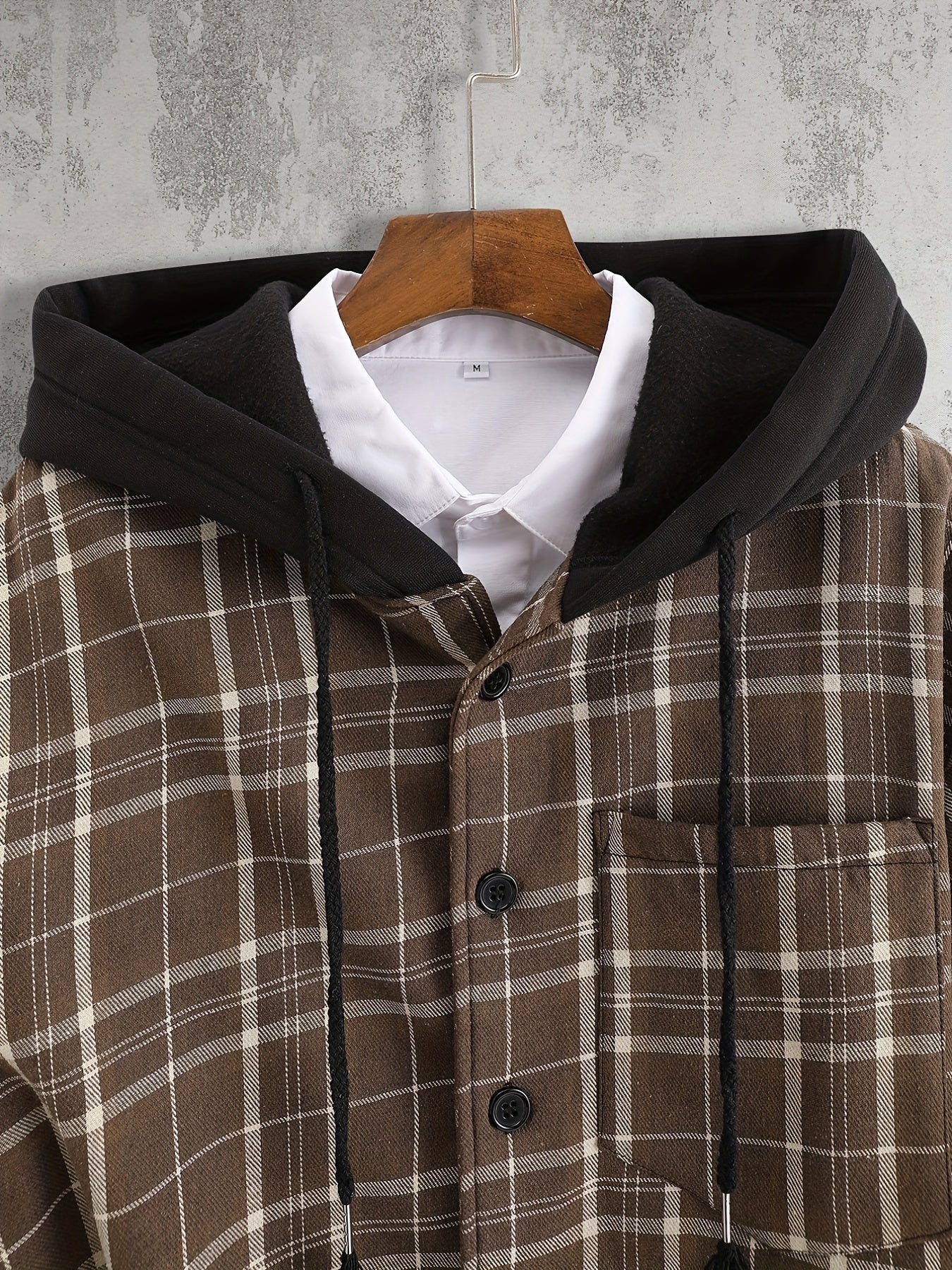 Men's Plaid Shirt Jacket Hooded Long Sleeves Coat